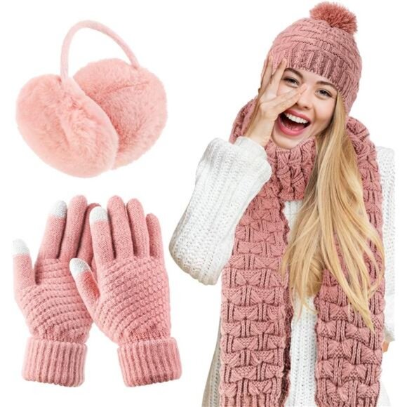 Women Winter Hats Scarf Gloves Set Pink - Picture 1 of 7